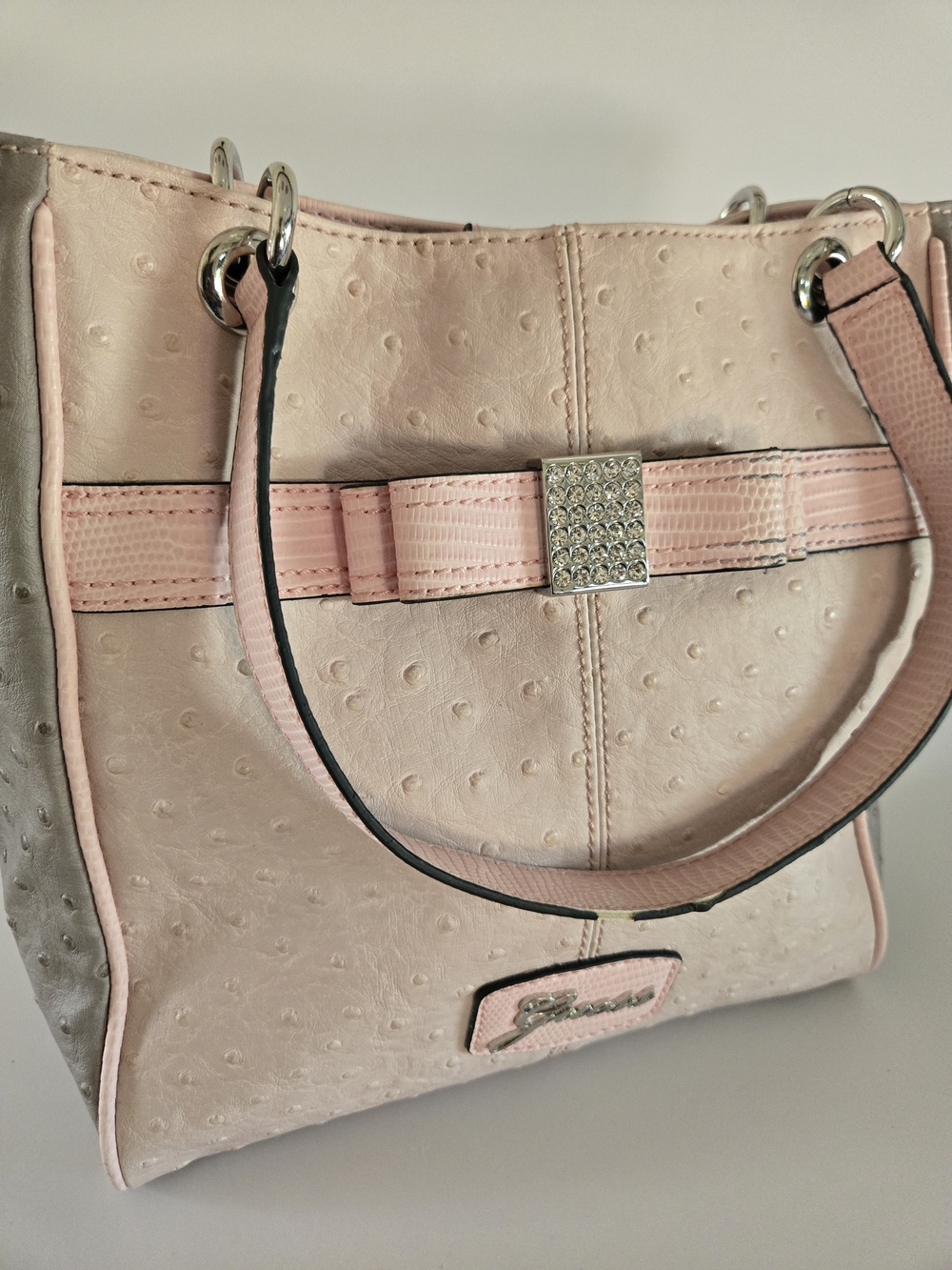 Guess Pink Ostrich-Texture Tote Bag with Crystal Bow Accent